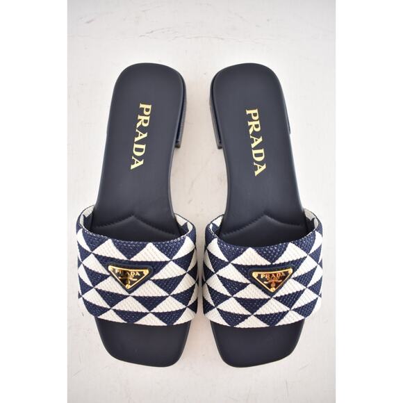 Prada Jacquard Triangle Logo Baltico Talco Blue White Slide Sandal Flat Mule 36 - Picture 10 of 15